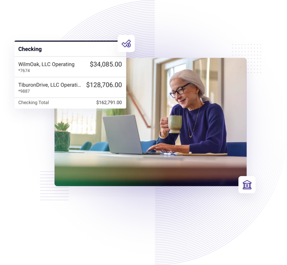 Female business owner on her laptop checking her balance and exploring features for her new business checking account