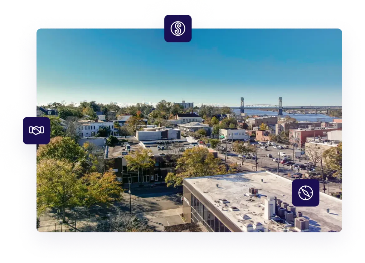 Aerial view of downtown Wilmington, North Carolina the headquarters of Live Oak Bank a local bank offering personalized service and a full-range of modern commercial banking solutions