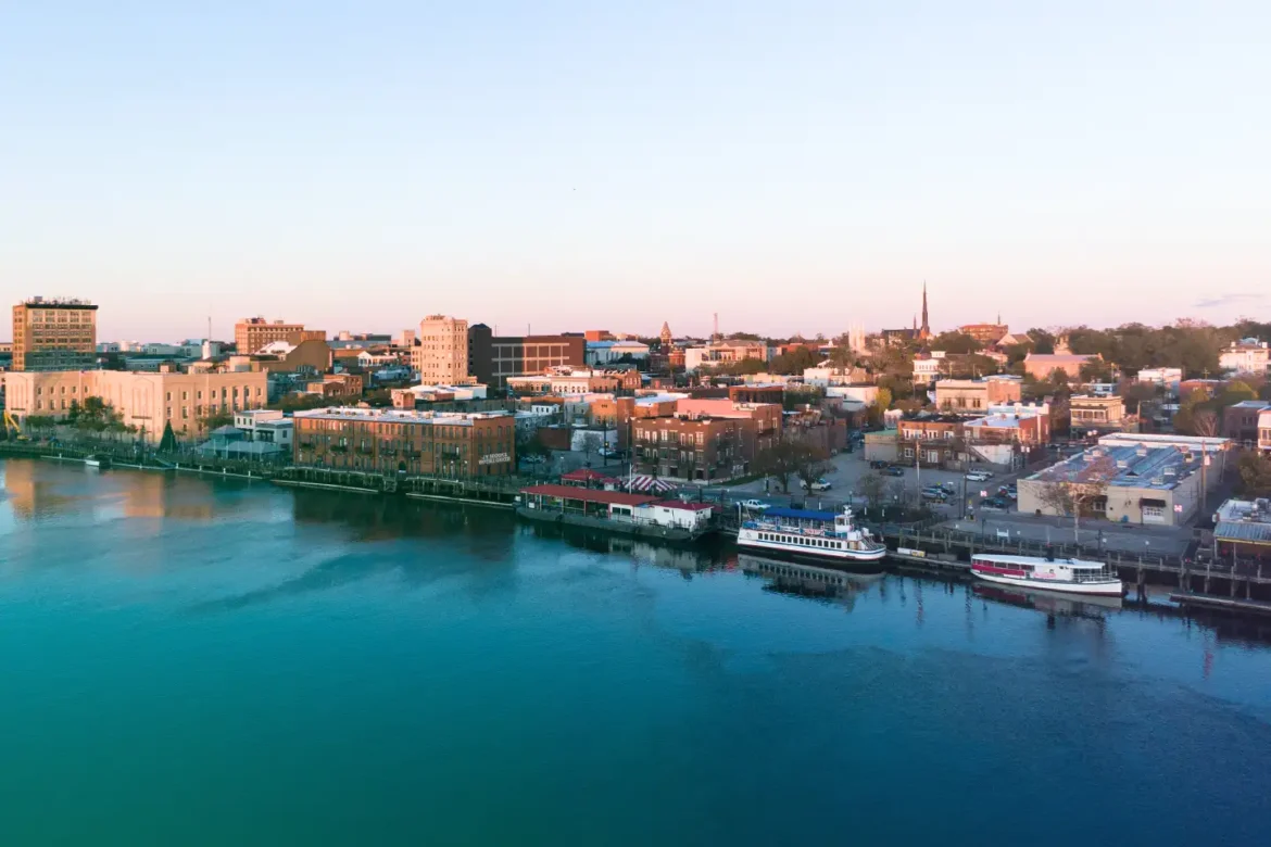 Aerial view of downtown Wilmington, North Carolina the headquarters of Live Oak Bank a local commercial bank offering personalized service and a full-range of modern small business banking solutions