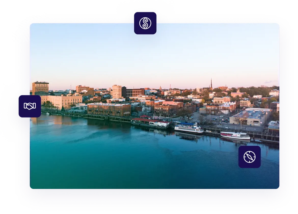 Aerial view of downtown Wilmington, North Carolina the headquarters of Live Oak Bank a local commercial bank offering personalized service and a full-range of modern business banking solutions