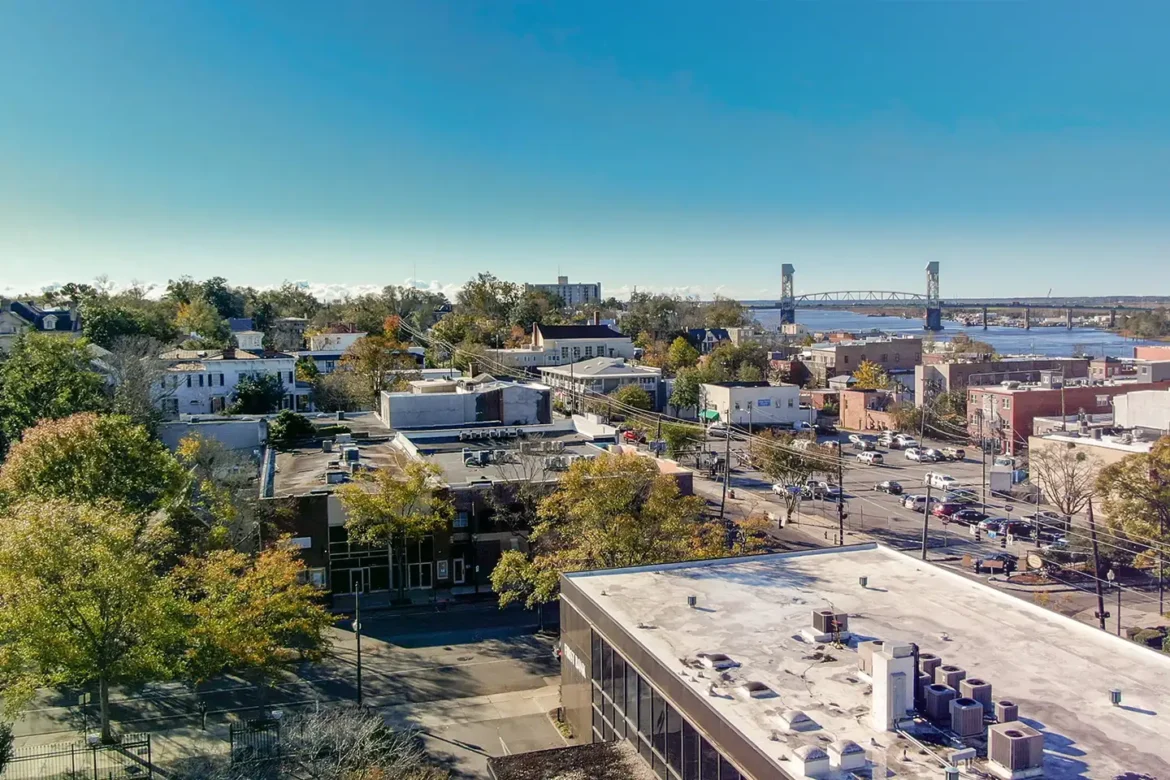 Aerial view of downtown Wilmington, North Carolina the headquarters of Live Oak Bank a local bank offering personalized service and a full-range of modern commercial banking solutions